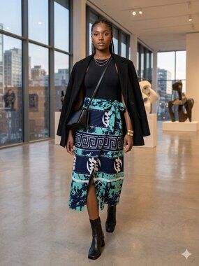 Belma Women Size Large Blue Tribal Print 100% Cotton Belt Loop Adjust Wrap Skirt